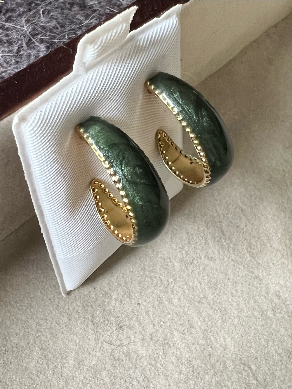 Green Enamel Gold-Trim Half Hoop Earrings
